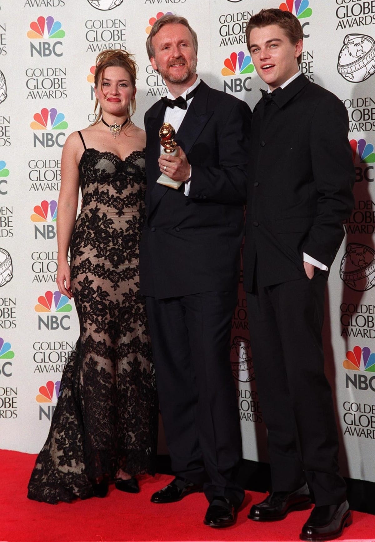 Kate Winslet, James Cameron, and Leonardo DiCaprio at the 55th Golden Globe Awards