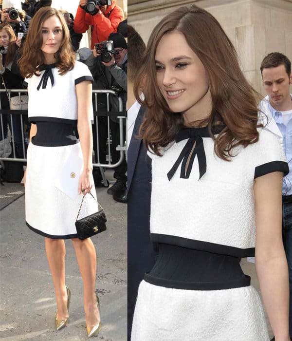 Keira Knightley stuns with her tiny waist in a chic black-and-white Chanel dress