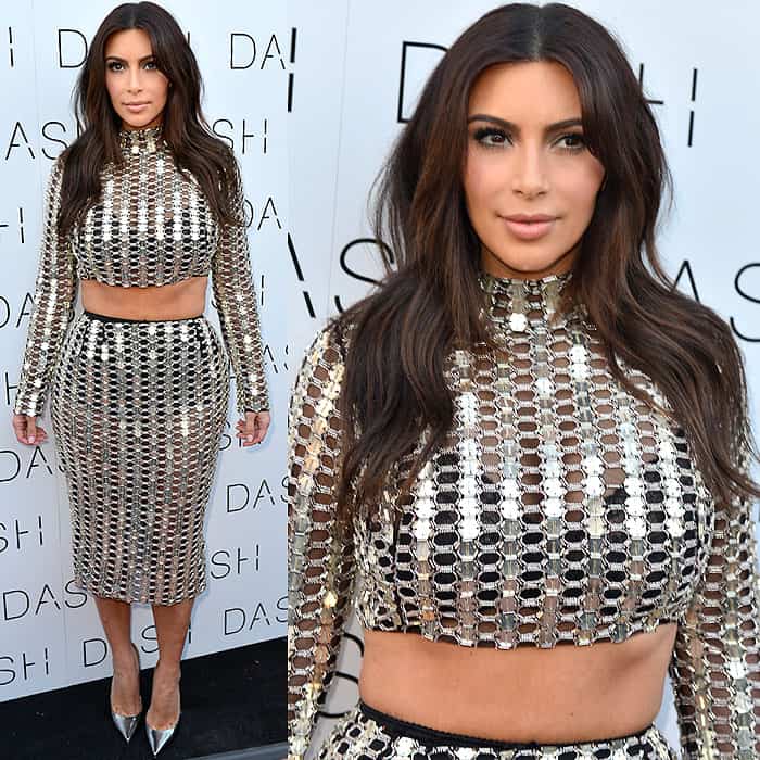 Kim Kardashian flaunts her post-baby body in a Wes Gordon chain crop top and pencil skirt at the grand opening of the DASH store in Miami Beach, Florida