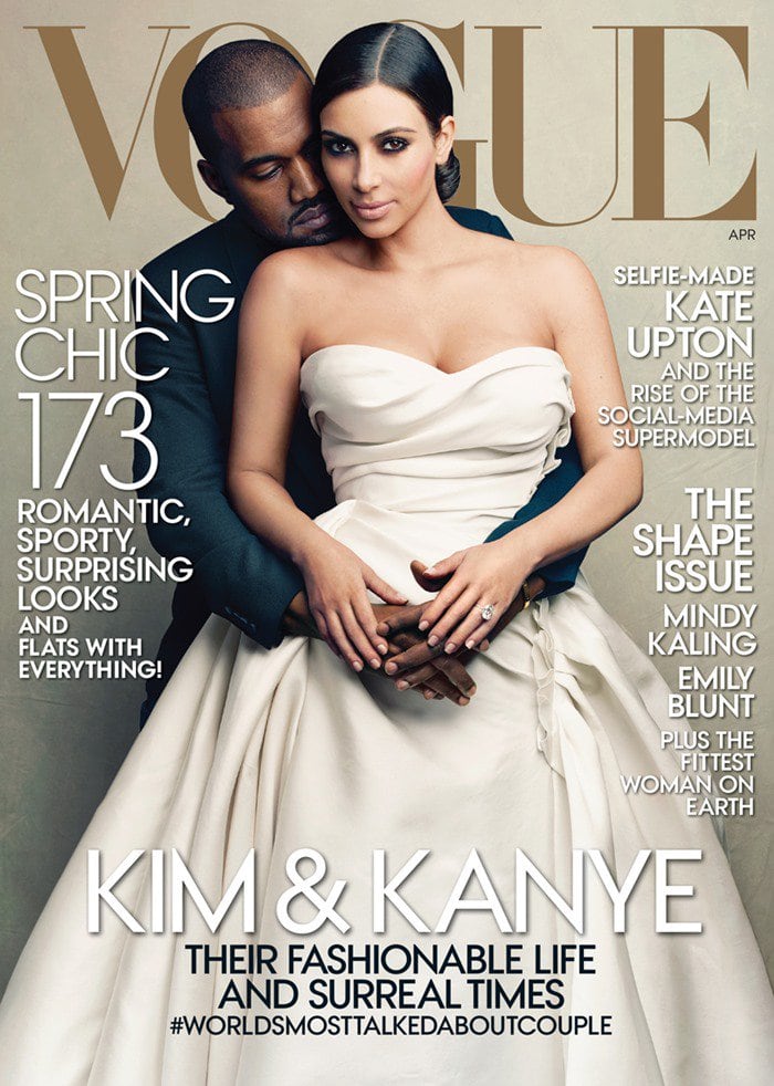 Kim Kardashian and Kanye West appear on the cover of the April issue of Vogue