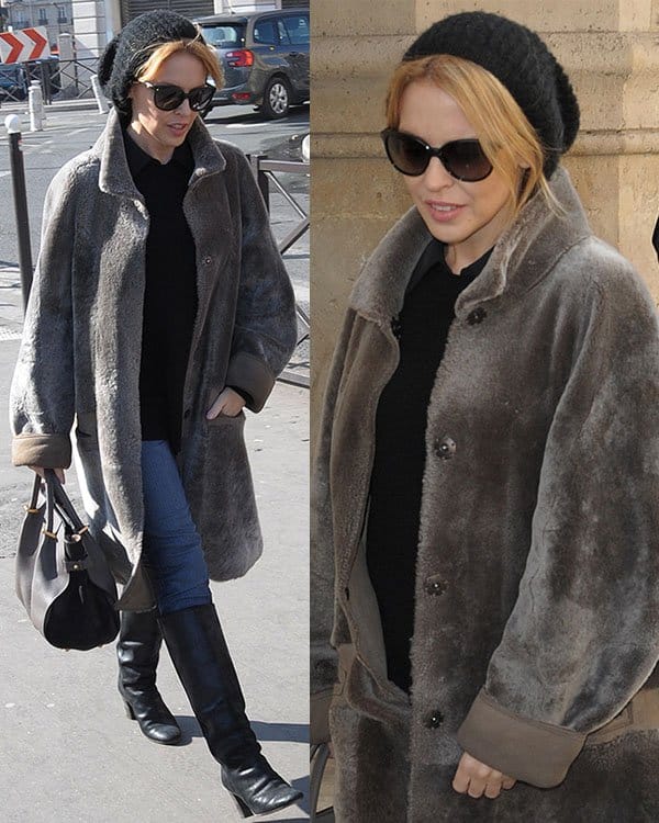 Kylie Minogue arriving in Paris Gare du Nord, effortlessly chic in her cozy ensemble and Nina Ricci bag