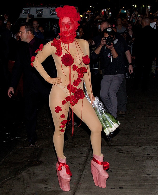 Lady Gaga's nude see-through bodysuit decorated with red roses