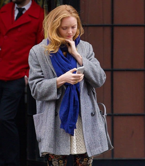 Lily Cole brightens up the East Village with a stunning blue scarf and chic ensemble