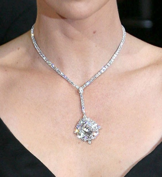 Charlize Theron wears a necklace with a completely flawless 31ct emerald-cut diamond