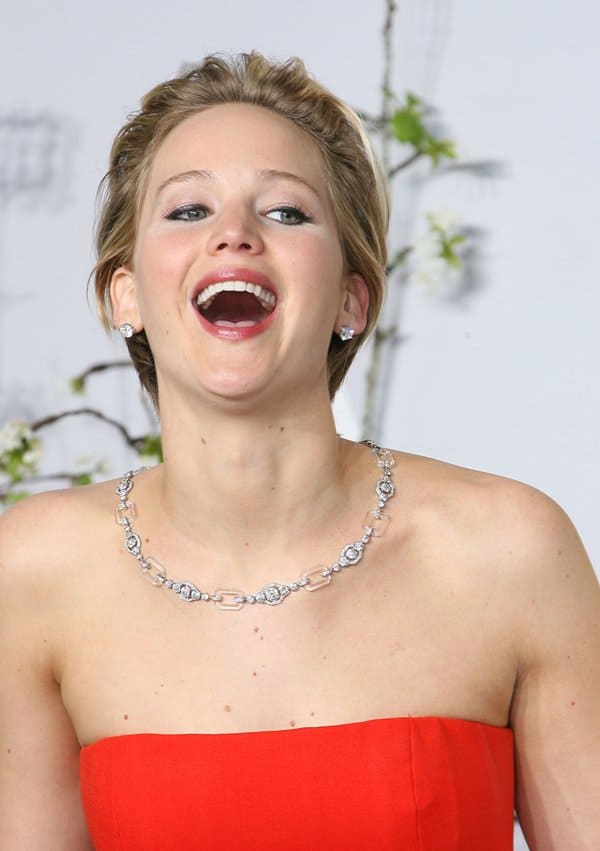 Actress Jennifer Lawrence styled her Christian Dior gown with Neil Lane jewelry at the 86th Academy Awards