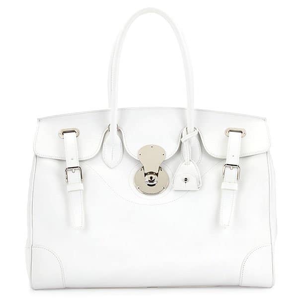 The elegant Ralph Lauren Ricky 40 Large Calfskin Satchel Bag in white, priced at $3,950