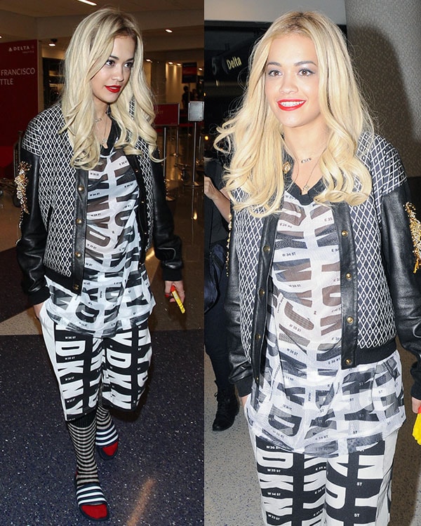 Rita Ora wore a DKNY printed tunic with matching terry and stretch-silk shorts 