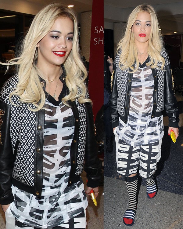 Rita Ora in Striped Red-Toed Socks and Pool Slide Sandals