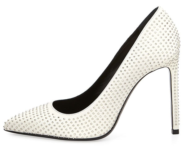 Saint Laurent 'Paris' Studded Pointed-Toe Pumps in White/Silver