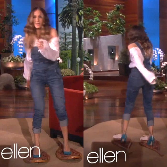 Sarah Jessica Parker wears denim overalls over a white peasant blouse during an appearance on "The Ellen DeGeneres Show"