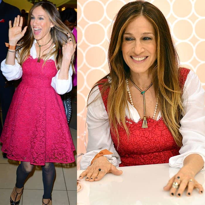 Sarah Jessica Parker stuns in a pink Saint Laurent lace dress, layered over a full button-down shirt and stirrup leggings, at the Nordstrom Aventura Mall in Aventura, Florida, on March 8, 2014