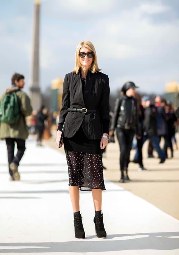 Sarah Rutson in a dress with sheer overlay and structured blazer