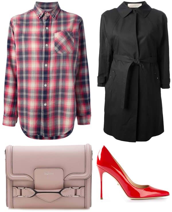 Current/Elliott Studded Plaid Shirt / Sergio Rossi Pointed Pumps / Nina Ricci Belted Coat / Alexander McQueen Heroine Across Body