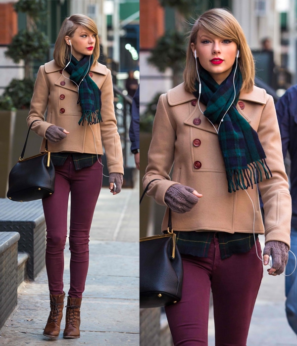 Taylor Swift in cognac Frye Courtney boots after shopping at the Steven Alan store in Tribeca