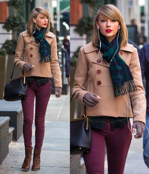 Taylor Swift completes her chic look with cognac Frye Courtney boots while shopping at the Steven Alan store in Tribeca, NYC on March 27, 2014