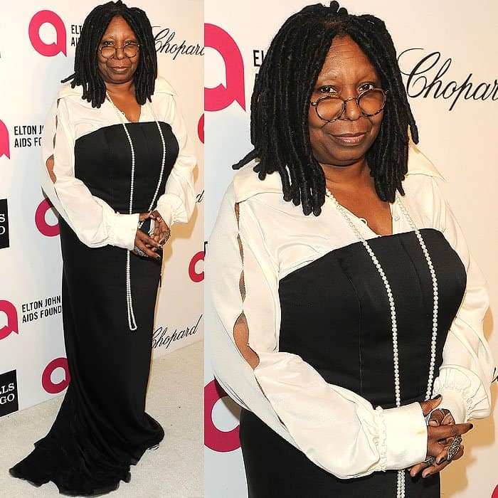 Whoopi Goldberg channels her inner witch with striped stockings and Wizard of Oz-themed platform pumps at the 22nd Annual Elton John AIDS Foundation Academy Awards