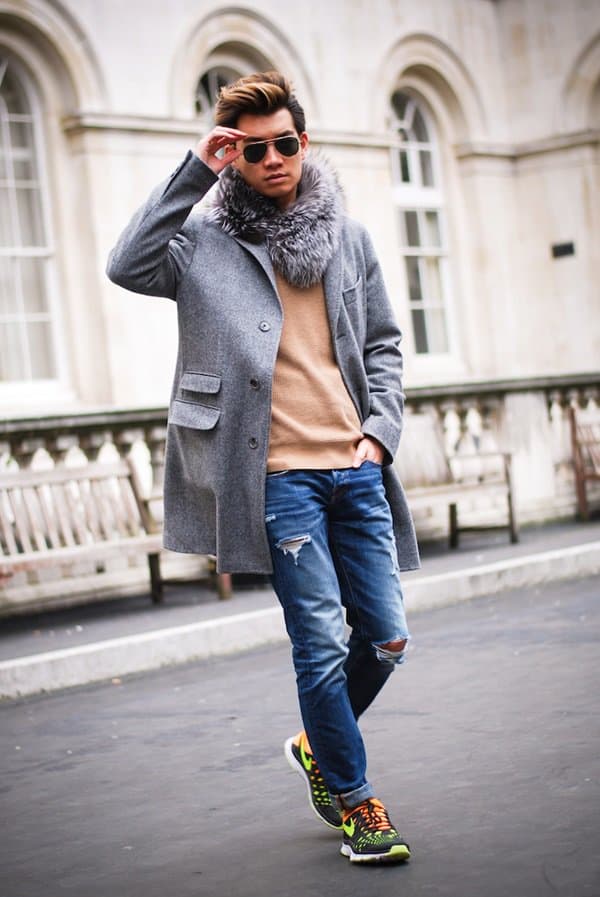 Alexander Liang styled his fur scarf with ripped jeans and sneakers