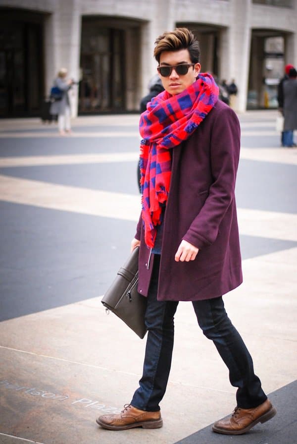 Alexander Liang rocks a colorful checkered scarf during New York Fashion Week