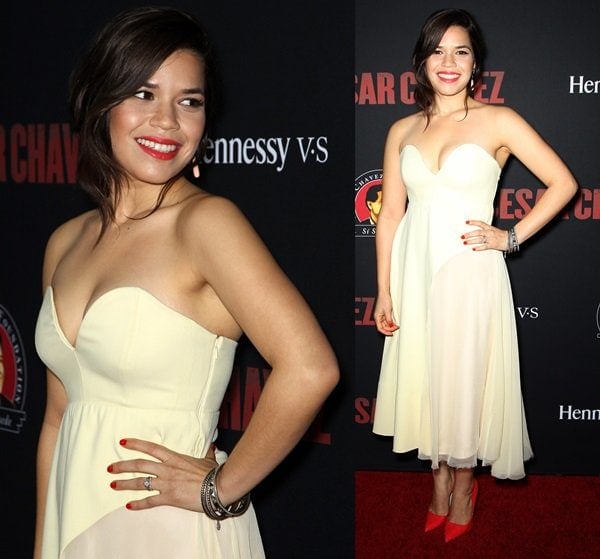 America Ferrera shows off her décolletage in a strapless dress from the Sportmax Spring 2014 collection
