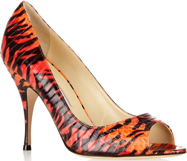 Brian Atwood "Carla" Pumps in Orange-and-Black Tiger-Print Elaphe