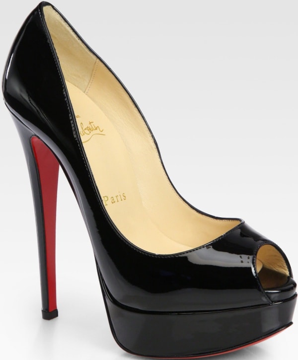 'Lady Peep' pumps with covered heels, covered double platforms, peep toes, glossy black patent leather, and the brand's signature red leather soles