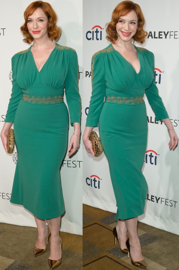 Christina Hendricks flashed her legs in a stunning green dress from L'Wren Scott