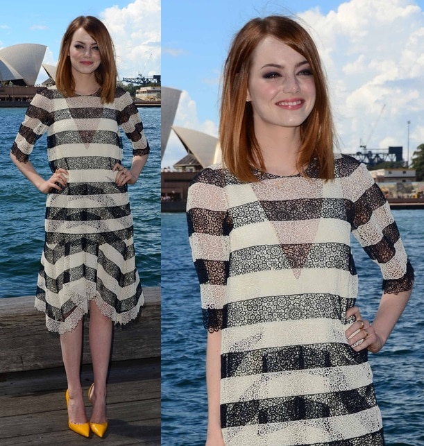 Emma Stone dazzles in Chloe's sheer black-and-white striped ensemble at 'The Amazing Spiderman 2' photo call