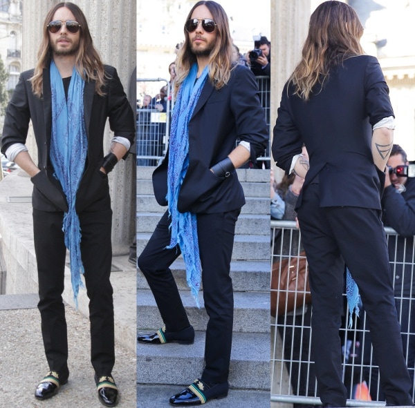 Jared Leto arriving at the Miu Miu Fall/Winter 2014 runway presentation during Paris Fashion Week