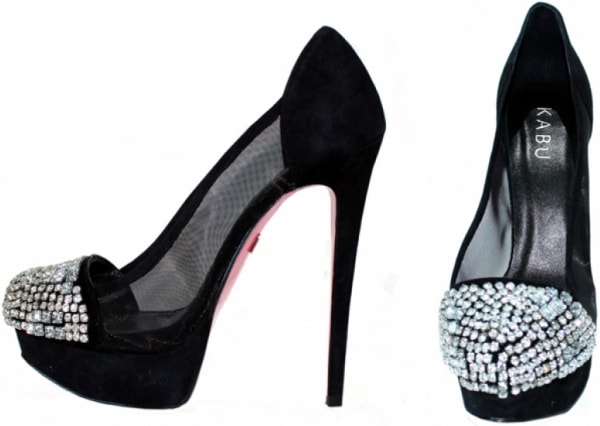 Black Suede and Mesh 'Reiko' Pumps With Encrusted Crystal Toe Cap