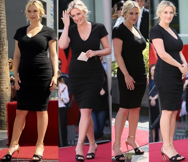 Kate Winslet showcased understated elegance and glamour in a figure-hugging black dress