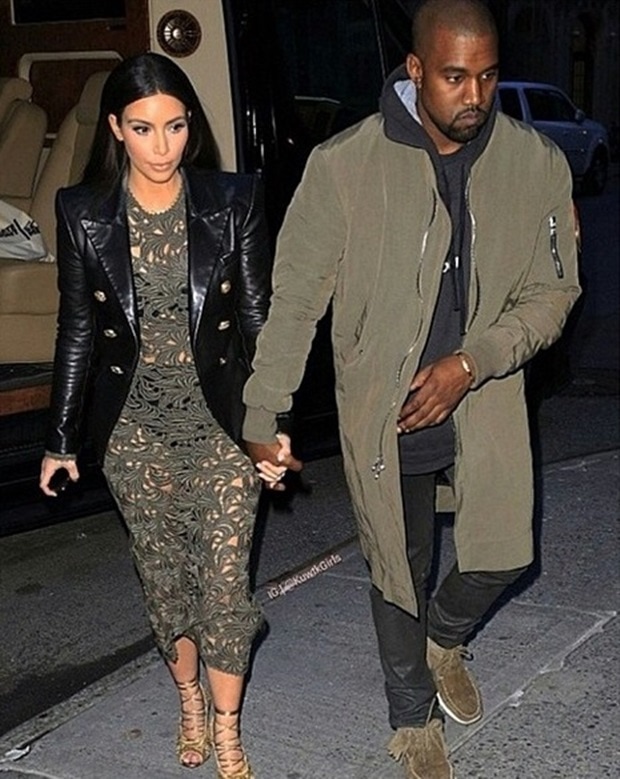Kim and Kanye out to dinner after Kim's appearance on Late Night with Seth Meyers on March 25, 2014