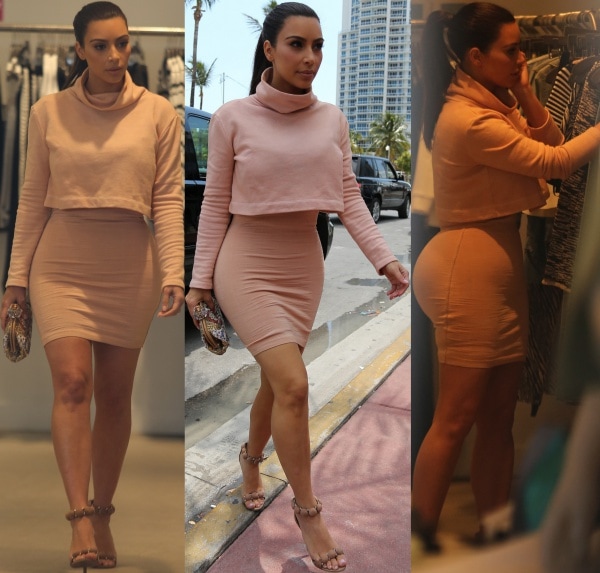Kim Kardashian was spotted shopping in Miami Beach on March 12, 2014, wearing a cropped turtleneck from the Kardashian Kollection, a figure-hugging vintage Alaïa dress, and nude Alaïa heels—an effortlessly chic combo that highlighted her curves while keeping the palette soft and polished