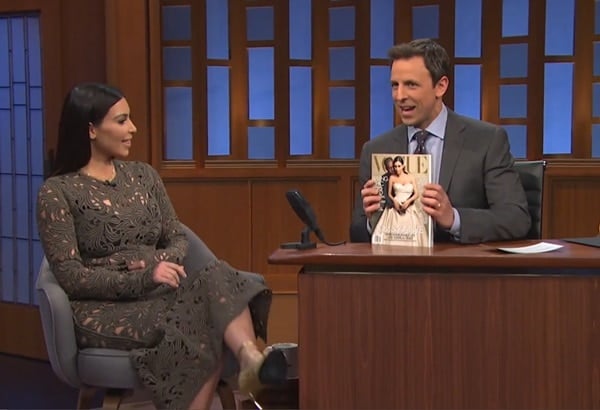 Kim Kardashian appears on Late Night with Seth Meyers to talk about her Vogue cover on March 25, 2014
