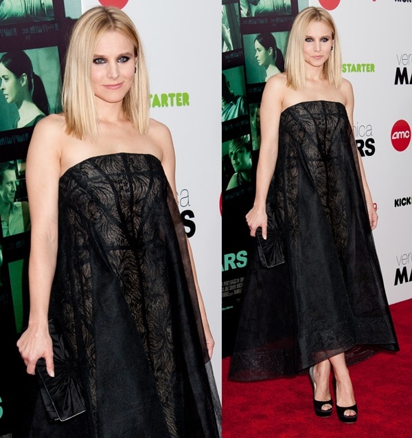 Kristen Bell styled her dreamy black Monique Lhuillier dress with matching Jimmy Choo pumps