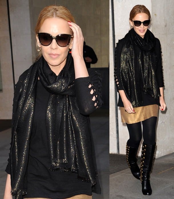 Kylie Minogue leaves the Radio 1 Studios in London while decked in gold-detailed boots and a black shimmery scarf on March 18, 2014