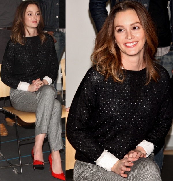 Leighton Meester wears her dark hair down at a photo call for the Broadway revival of John Steinbeck's "Of Mice and Men"