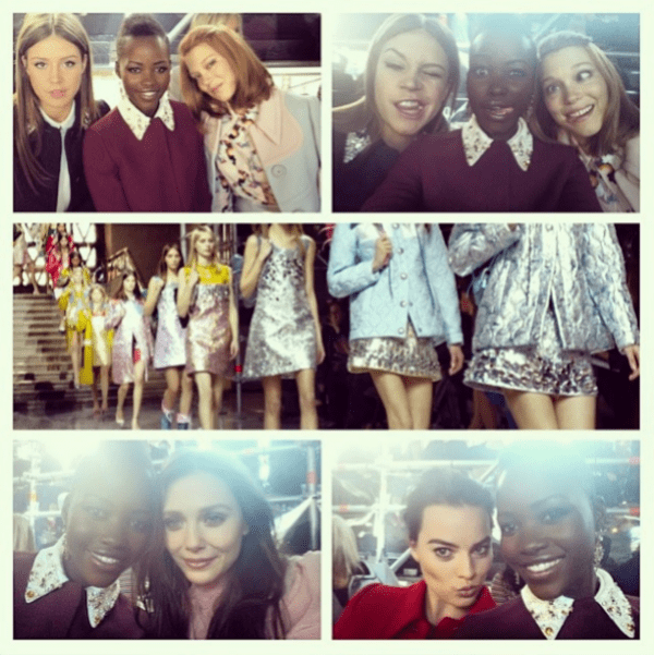 Lupita Nyong'o's Instagram photo with the caption, "#MiuMiu Fall/Winter Fashion Show, Front Row #selfies. Adèle Exarchopoulos, Léa Seydoux, Elizabeth Olsen and Margaux Robbie." - posted on March 6, 2014