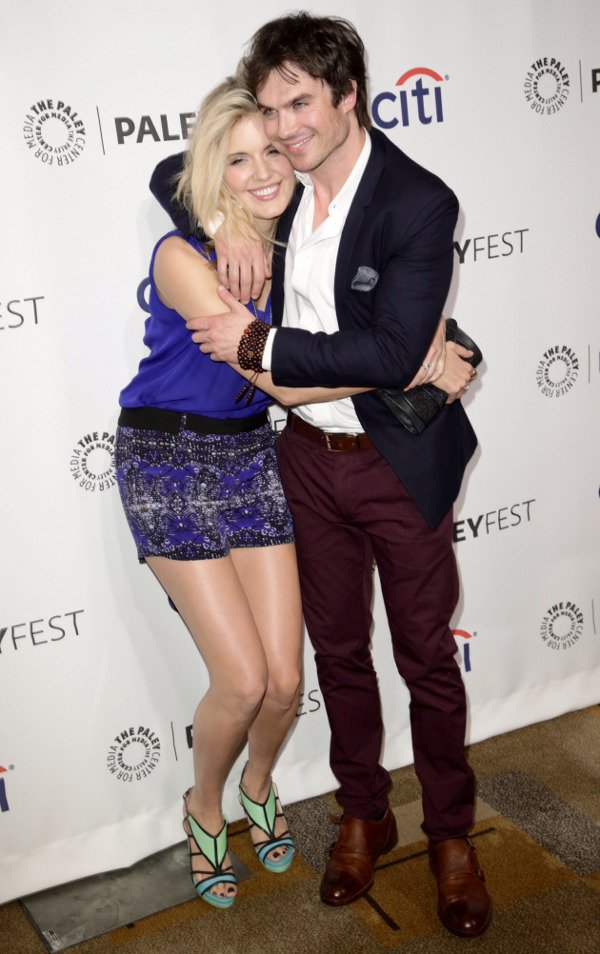 Maggie Grace and Ian Somerhalder sharing a playful hug