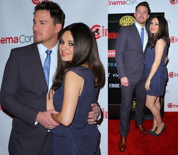 Mila Kunis, in a chic navy dress and towering heels, embraces co-star Channing Tatum, whose height difference is evened out by her stylish footwear at CinemaCon 2014