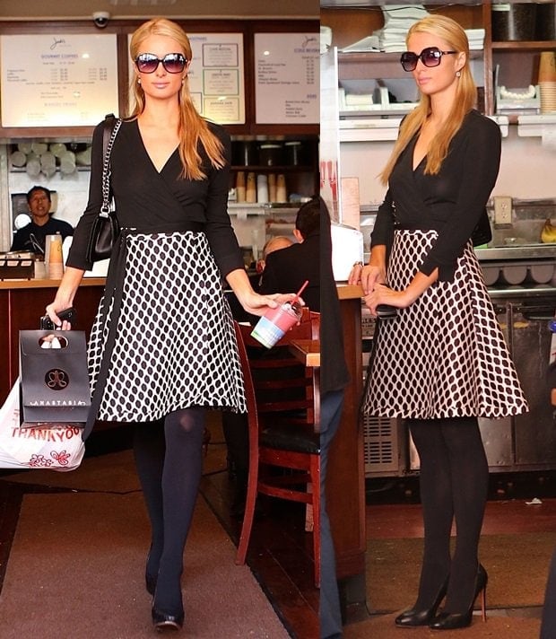 Paris Hilton grabbing lunch at Judi's Delicatessen in Beverly Hills on March 7, 2014, while wearing a pair of black Alaia pumps and a DVF dress