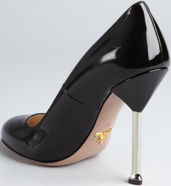 Prada Silver-Heeled Pumps in Black Patent Leather