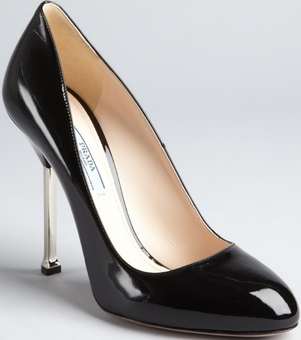 Prada Silver-Heeled Pumps in Black Patent Leather