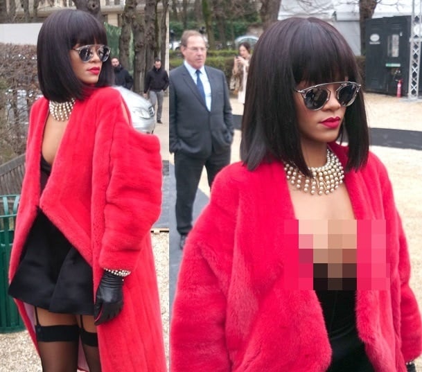 Rihanna flaunting her nipples at the Dior show during Paris Fashion Week