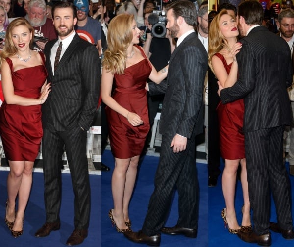 Scarlett Johansson with Chris Evans at the premiere of 'Captain America: The Winter Soldier' held at Westfield London in London, England, on March 20, 2014