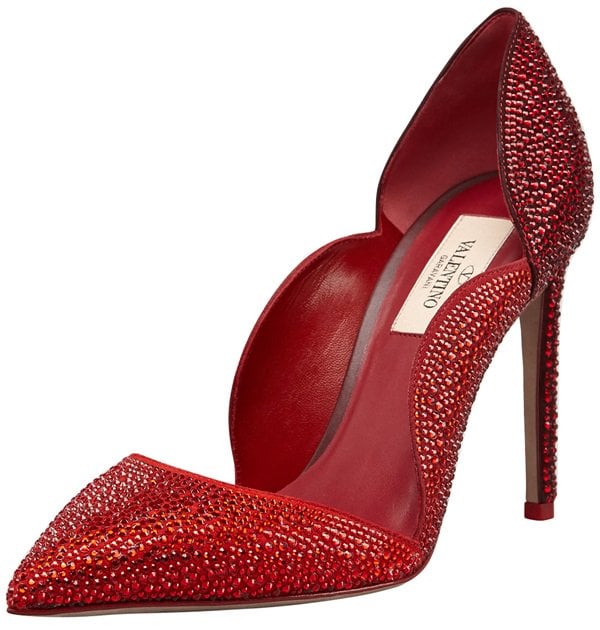 Valentino "Absolute Rouge" Crystal Suede Scalloped Sides Pumps