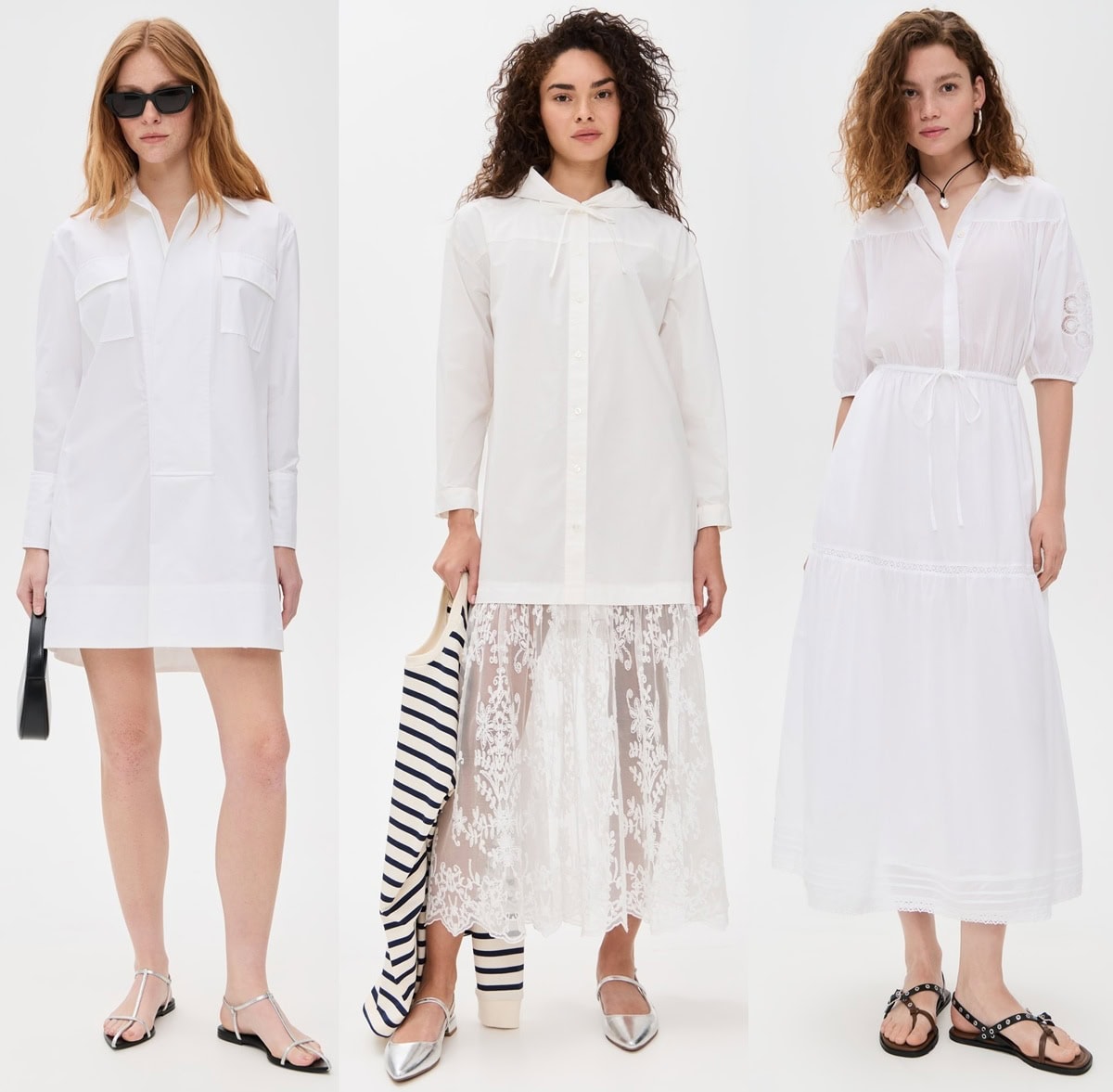 From sleek sandals to edgy studded flats, these stylish white shirtdresses show just how versatile this classic piece can be—whether worn solo, paired with sheer skirts, or cinched at the waist for a breezy, feminine silhouette