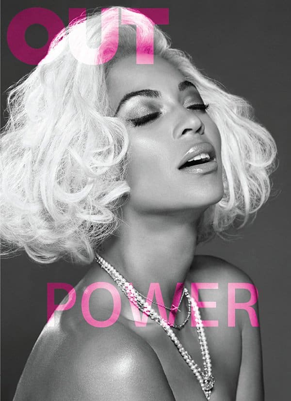 Beyonce is blonde and wears several pearl necklaces on the cover of Out magazine’s May 2014 issue