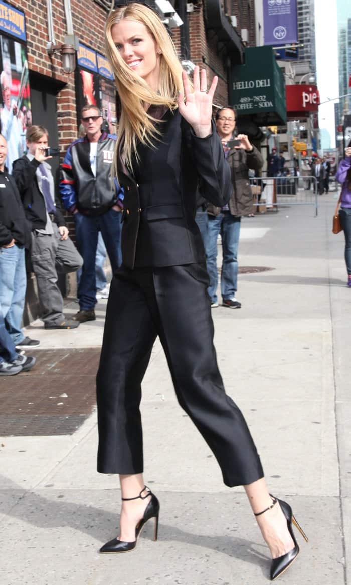 Brooklyn Decker wears a pantsuit from The Row as she arrives for an appearance on "The Late Show with David Letterman"