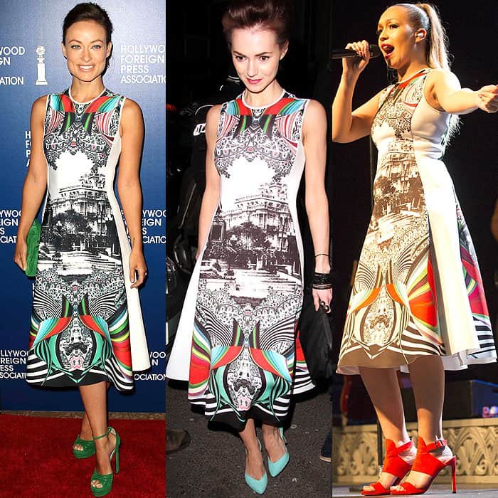 Olivia Wilde, Kara Tointon, and Rebecca Ferguson dazzle in the Clover Canyon 'Swirl Scarf' dress, showcasing its vibrant print and versatile style