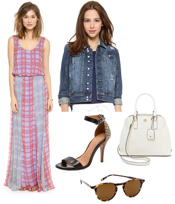Blank Denim Jean Jacket and Ella Moss Paige Maxi Dress in Cornflower and Madewell The Casablanca Heeled Sandals and Tory Burch "Robinson" Open-Dome Satchel and Garrett Leight Hampton Sunglasses